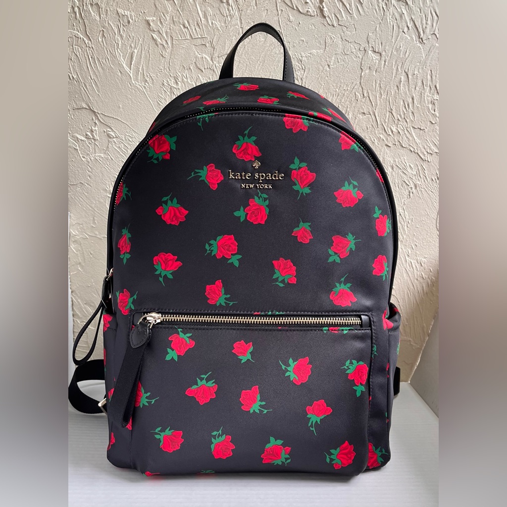 New Kate Spade Ny Designer Backpack Black Chelsea Rose Toss Nwt